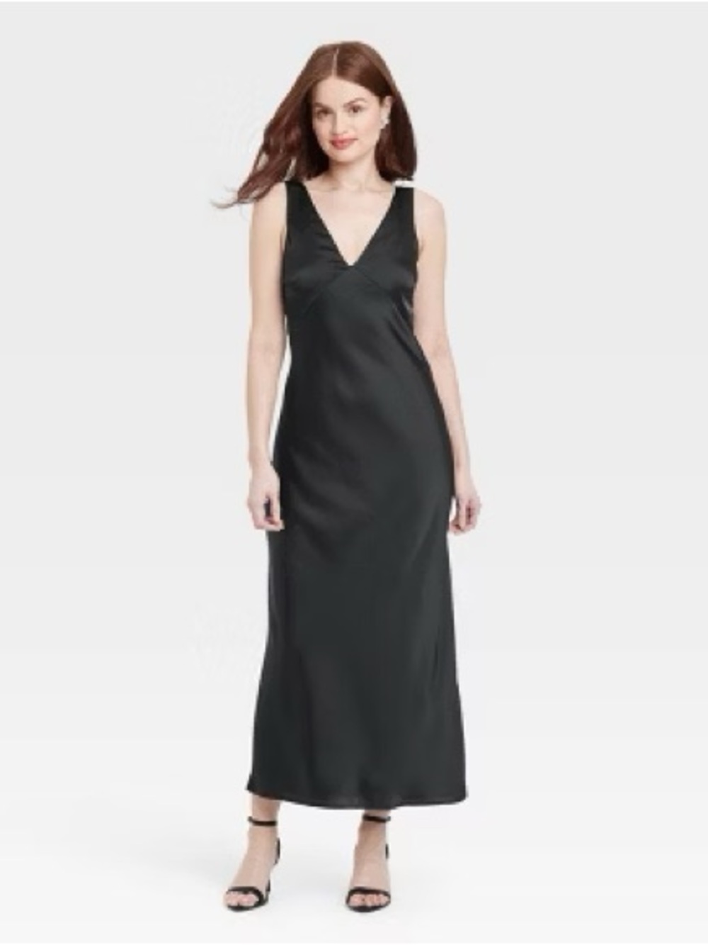 Silky satin slip a new day Black V-Neck Sleeveless Midi little black Dress